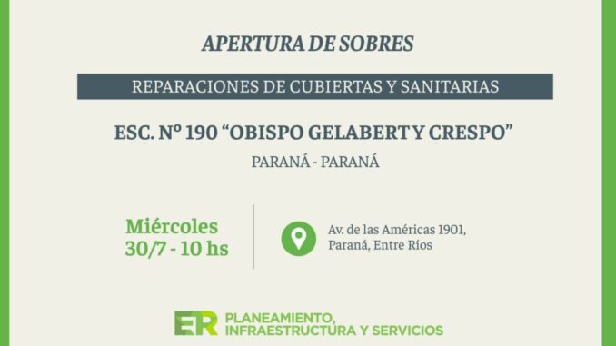 En la escuela Obispo Gelabert y Crespo, de Paraná, se ejecutarán obras de reparación de cubiertas y sanitarias
