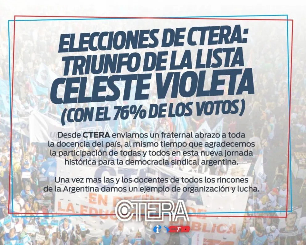 La Lista Celeste Violeta se impuso con el 76% de los votos en las elecciones de Ctera